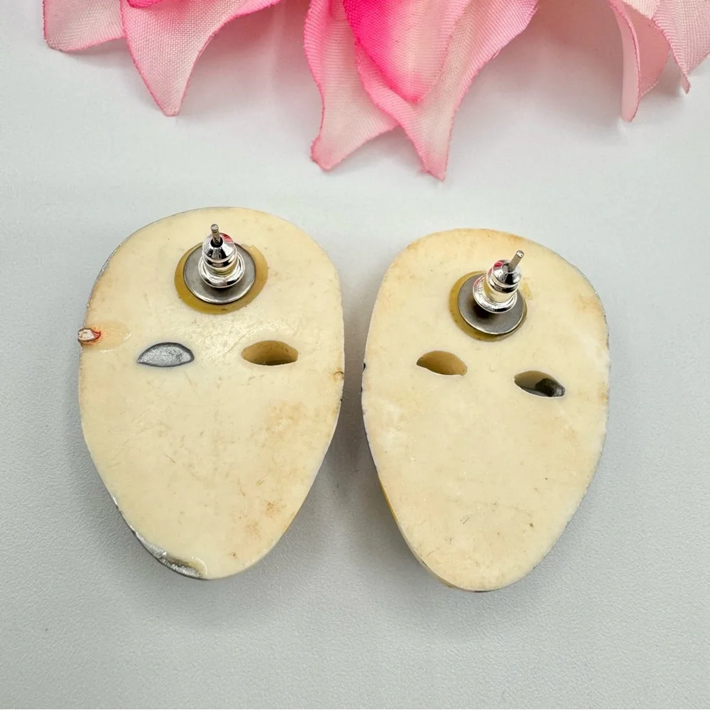 Vintage Mask Split Face Doll Carnival Earrings Artsy Avant Garde Fair Festival - Picture 4 of 10